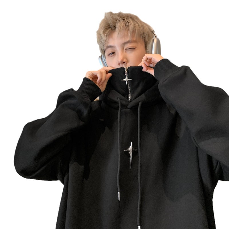Mock Two-Piece Zip Hoodie Retro American Vibe Black - Image 3