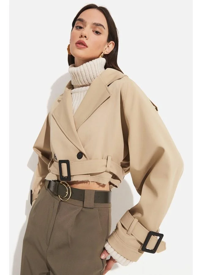 جون June Crop Trench Coat Jacket Beige