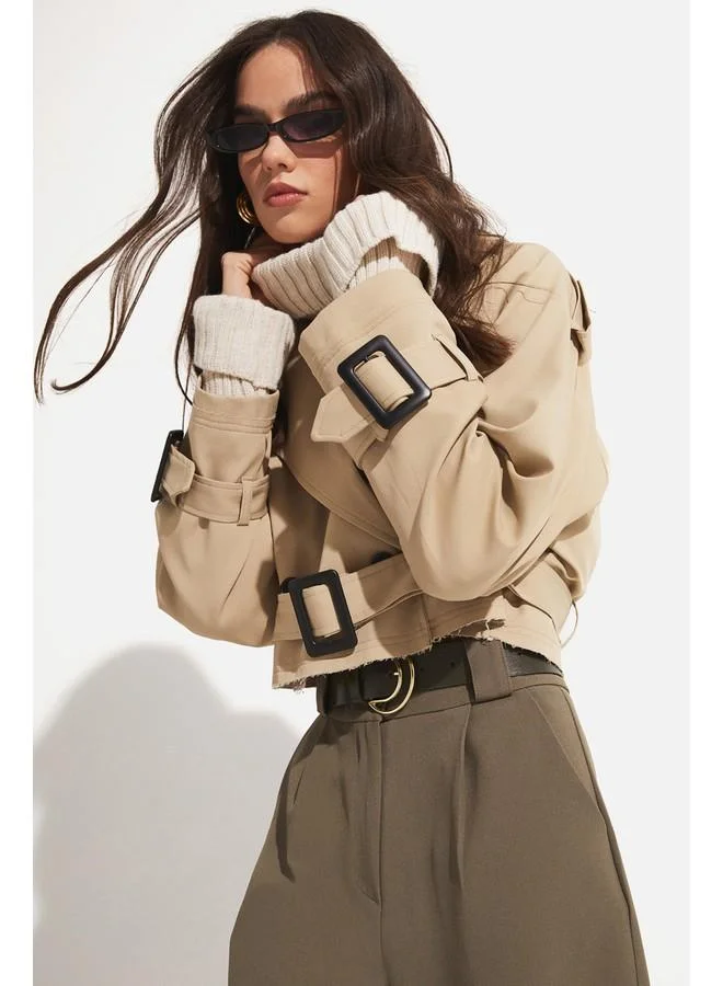 جون June Crop Trench Coat Jacket Beige