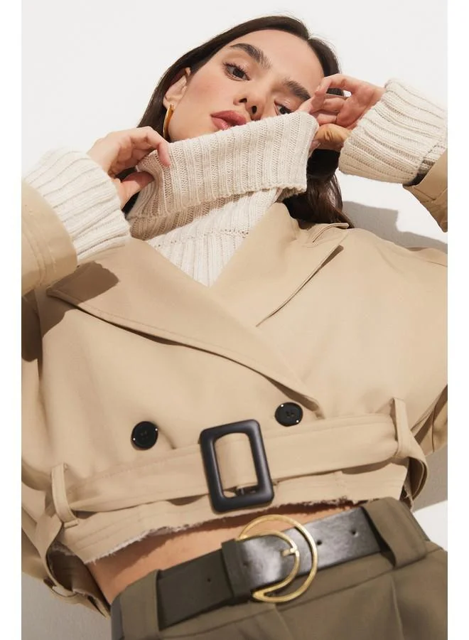 جون June Crop Trench Coat Jacket Beige