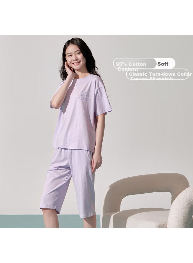 Your Sun Yiershuang [40 Pieces Pure Cotton] Women's Loungewear Set, Suitable For Outdoor Wear, Round Neck Short-sleeve Top With Cropped Pants Pajamas For Wome - Image 2
