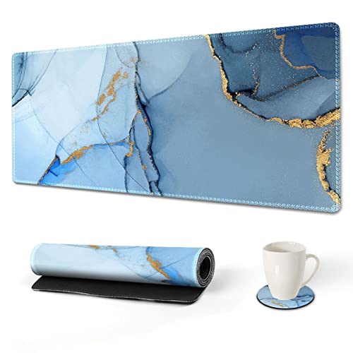 AIMSA Extended Gaming Mouse Pad, XL Large Keyboard Mouse Mat Desk Pad with Stitched Edges, Durable Non-Slip Base Mousepad for Home Office Work, 35x15.7inch,Blue Marble - Image 1