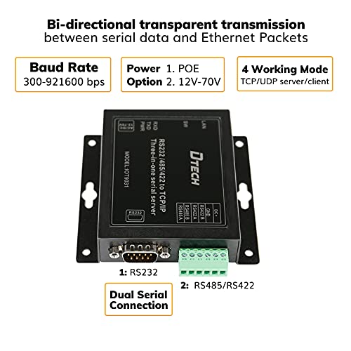 DTech Serial to Ethernet Converter Adapter RS232 RS422 RS485 to TCP IP Device Server Supports DHCP DNS Modbus RTU/TCP 10/100M Power Over Ethernet POE - Image 2