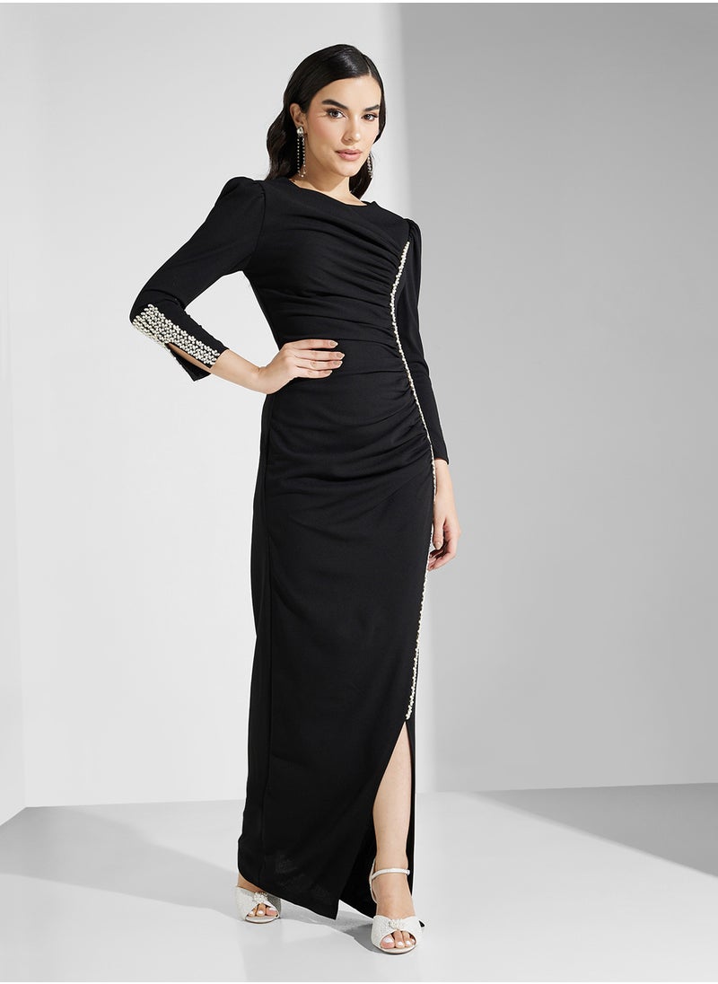 Namshi x Ruched Bodycon Crystal Embellished Evening Dress  - Image 5