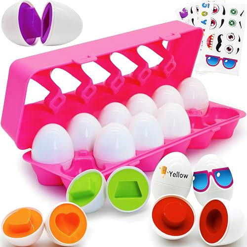 MOONTOY Montessori Matching Egg 12PCS Color Shape Recognition Toy for Toddler 13 Educational Learning Eggs Toy with Pink Storage Case Easter Eggs Basket Stuffers Gift for 1 2 3 Year Old Girl Kid - Image 1