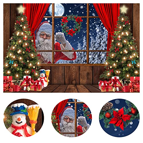 LYCGS 7X5FT Christmas Backdrop Santa Claus Photo Background Winter Snow Xmas Wooden Window Moon Christmas Tree Gifts Photography Background New Year Party Decorations Banner X-68 - Image 5