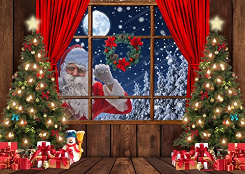 LYCGS 7X5FT Christmas Backdrop Santa Claus Photo Background Winter Snow Xmas Wooden Window Moon Christmas Tree Gifts Photography Background New Year Party Decorations Banner X-68 - Image 1