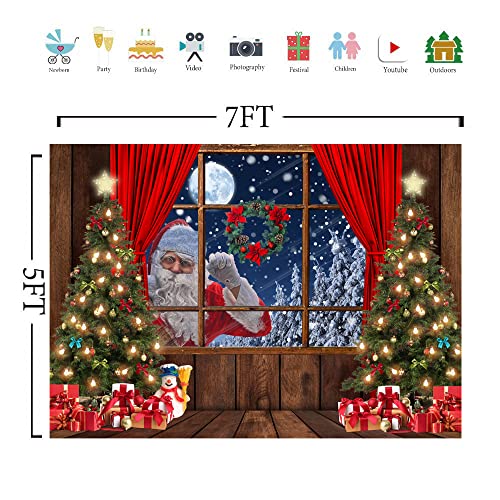 LYCGS 7X5FT Christmas Backdrop Santa Claus Photo Background Winter Snow Xmas Wooden Window Moon Christmas Tree Gifts Photography Background New Year Party Decorations Banner X-68 - Image 4