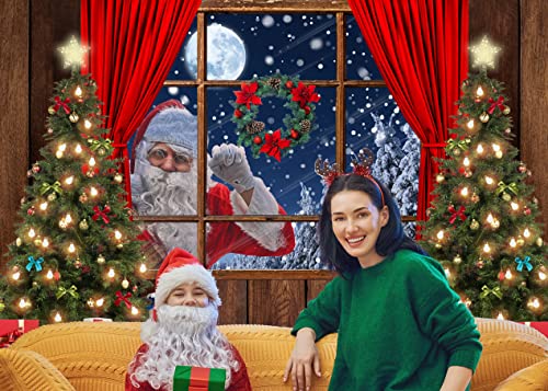 LYCGS 7X5FT Christmas Backdrop Santa Claus Photo Background Winter Snow Xmas Wooden Window Moon Christmas Tree Gifts Photography Background New Year Party Decorations Banner X-68 - Image 3