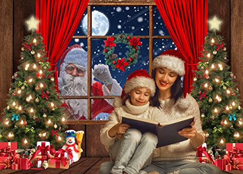 LYCGS 7X5FT Christmas Backdrop Santa Claus Photo Background Winter Snow Xmas Wooden Window Moon Christmas Tree Gifts Photography Background New Year Party Decorations Banner X-68 - Image 2