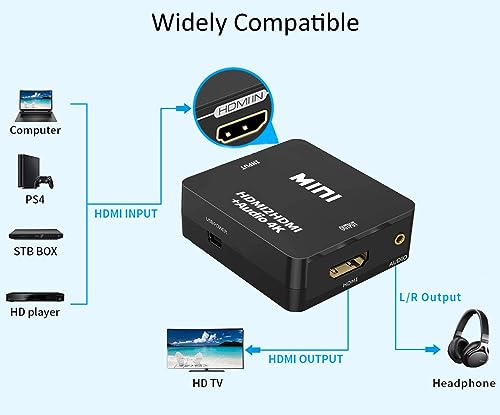 Juejuezi موزع صوت HDMI، محول 4K HDTV إلى HDMI 3.5mm AUX صوت 1080P، متوافق مع التلفاز، الكمبيوتر، PS3/4/5، مشغل Blu-ray/DVD/HD، جهاز عرض، نظام صوت، Xbox، سويتش، أسود - Image 3