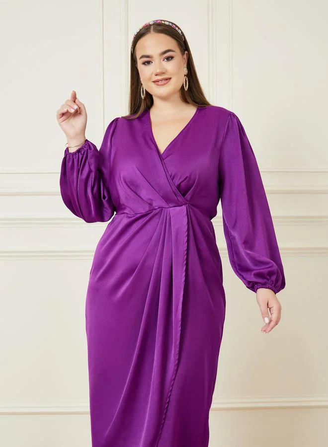 ستايلي Satin Gathered A-Line Maxi Dress with Long Sleeves