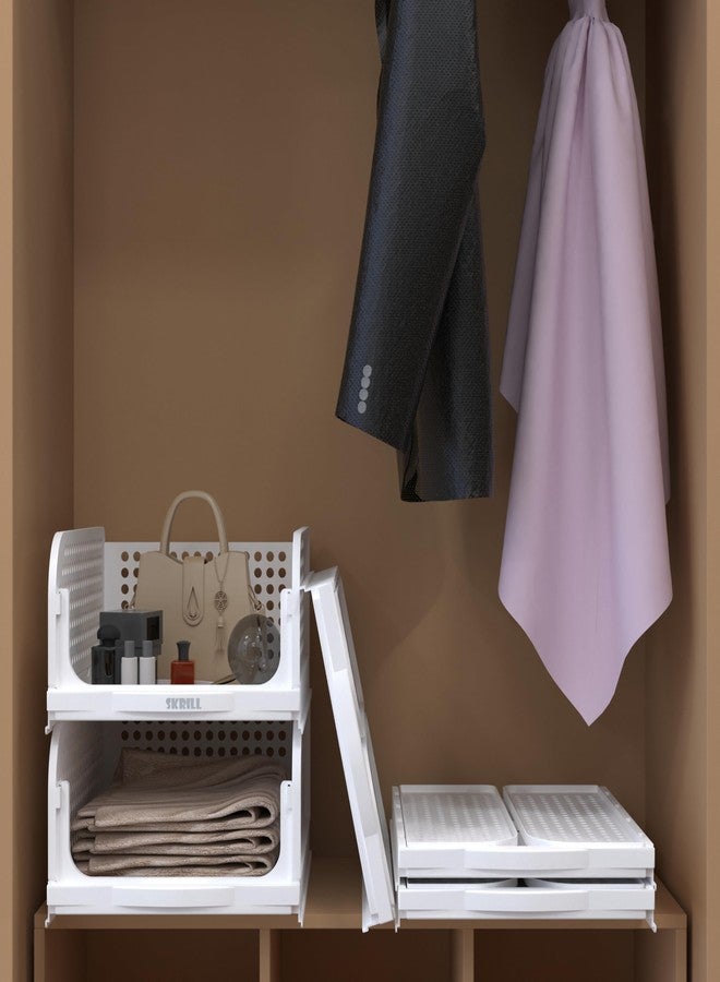 Skrill Pack of 4 Foldable, Sliding & Stackable Plastic Wardrobe Organizer for Storage Clothes | Ideal Wardrobe Shelf Organiser for Innerwear, Shirt, Socks | WHITE - Image 5
