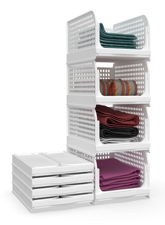 Skrill Pack of 4 Foldable, Sliding & Stackable Plastic Wardrobe Organizer for Storage Clothes | Ideal Wardrobe Shelf Organiser for Innerwear, Shirt, Socks | WHITE - Image 1