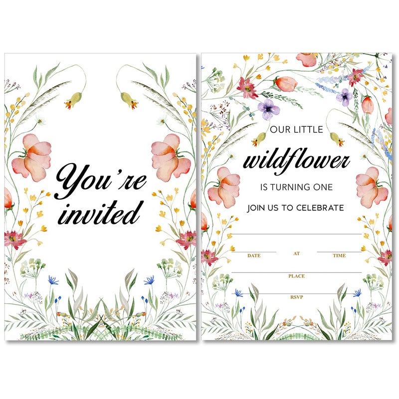 Soiceu Cute Wildflower 1st Birthday Party Invitations with Envelopes Set of 20 Boho Wildflower 1 Year Old First Birthday Party Invites for Girls