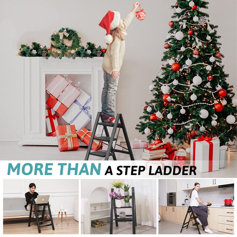 Aluminum 3 Step Folding Ladder – Lightweight Household Step Stool – Wide Non-Slip Steps, Portable Storage, Multi-Purpose for Kitchen, Bedroom, Indoor Projects - Image 1