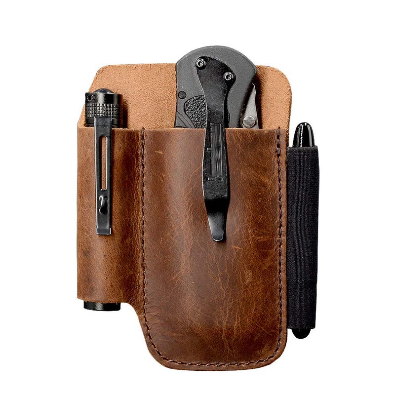 EDC Belt  Sheath Organizer for 45  Fit 06 Diameter Tactical Flashlight Pocket Slip Tool Pouch Pen Loop EDC Holster Essential Carrier Premium Leather Chestnut