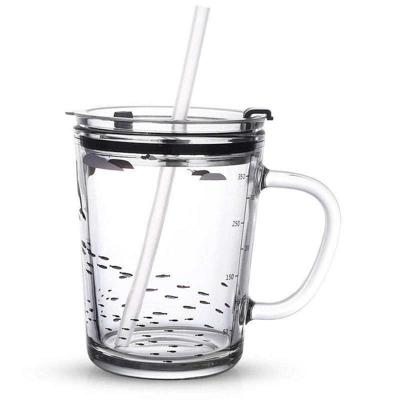 ARUZEN Random Design Glass Tumbler with Straw 350ml Cartoon Pattern Creative Multipurpose Drinking Glasses Measuring MugCup for Coffee Smoothie and Cocktail Mugs Pack of 1 - Image 1
