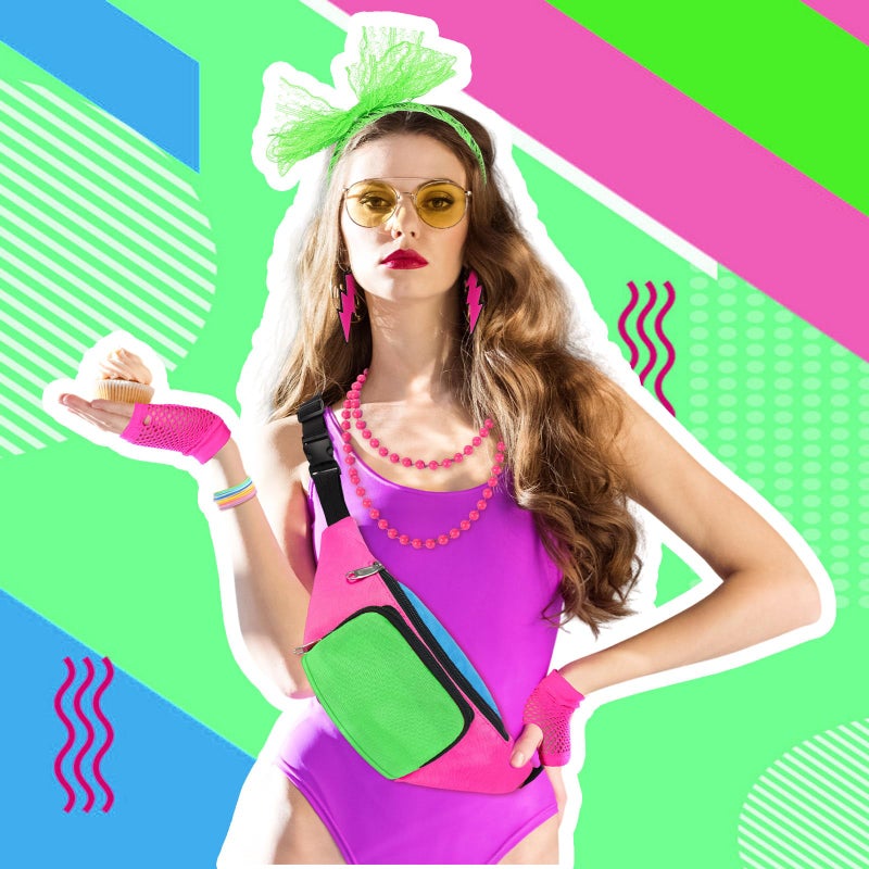 Handepo 19 Pcs 80s Costume Accessories Set Neon Retro 80s Fanny Pack Hairband Fishnet Gloves Bracelet Earrings Necklace Socks(Vibrant Color) - Image 4