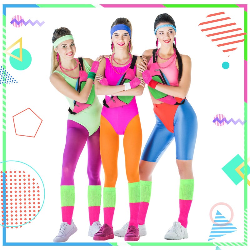 Handepo 19 Pcs 80s Costume Accessories Set Neon Retro 80s Fanny Pack Hairband Fishnet Gloves Bracelet Earrings Necklace Socks(Vibrant Color) - Image 2