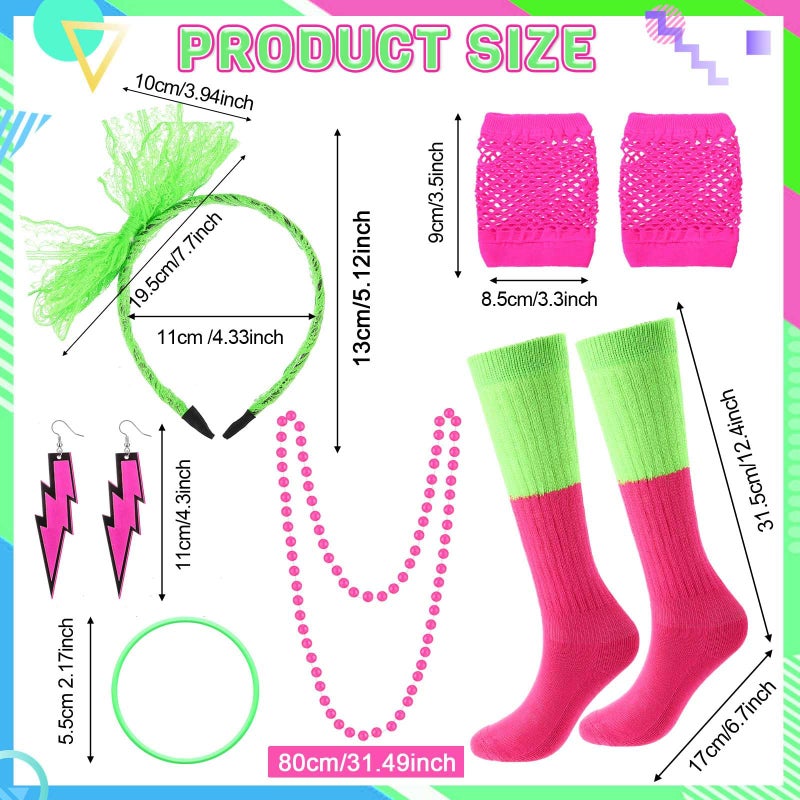 Handepo 19 Pcs 80s Costume Accessories Set Neon Retro 80s Fanny Pack Hairband Fishnet Gloves Bracelet Earrings Necklace Socks(Vibrant Color) - Image 5
