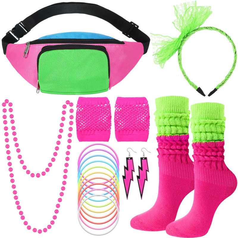 Handepo 19 Pcs 80s Costume Accessories Set Neon Retro 80s Fanny Pack Hairband Fishnet Gloves Bracelet Earrings Necklace Socks(Vibrant Color) - Image 1
