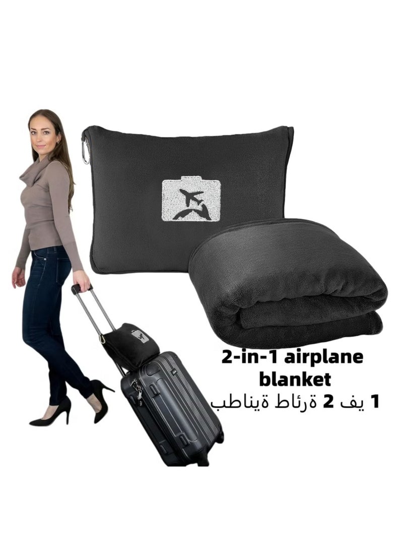 بطانية ووسادة سفر - بطانية طائرة ناعمة فاخرة 2 في 1 مع غطاء وسادة ناعم للحقيبة، وجيب لحقيبة اليد، ومشبك لحقيبة الظهر (أسود) - Image 1