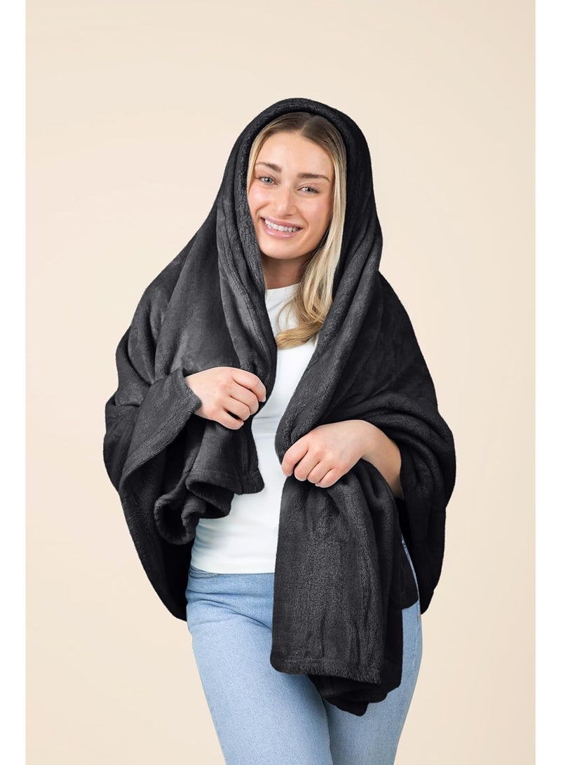 بطانية ووسادة سفر - بطانية طائرة ناعمة فاخرة 2 في 1 مع غطاء وسادة ناعم للحقيبة، وجيب لحقيبة اليد، ومشبك لحقيبة الظهر (أسود) - Image 2