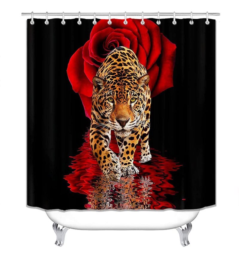 jieprom 4PCS Red Rose and Leopard Shower Curtain Set with Rugs, Toilet Lid Cover and Bath Mat, Animal Shower Curtain with 12 Hooks, Complete Bathroom Decor Set - Image 3