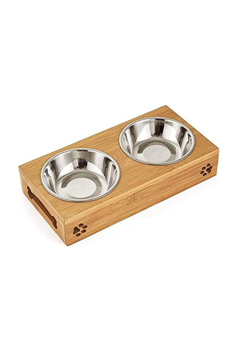 Generic Double Pet Dog Bowl Stainless Steel Pet Bowl Bamboo Bottom Food Water Dual-use Feeding Dish - Image 1