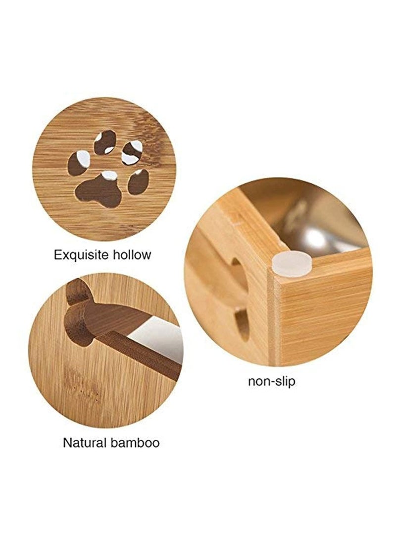 Generic Double Pet Dog Bowl Stainless Steel Pet Bowl Bamboo Bottom Food Water Dual-use Feeding Dish - Image 2