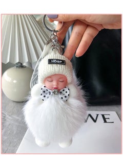 Fox Furry Ball Pendant Sleeping Doll Keychain Cute Doll Bag Decoration Hanging Ornament Nice Looking Keyring Gift For Children White
