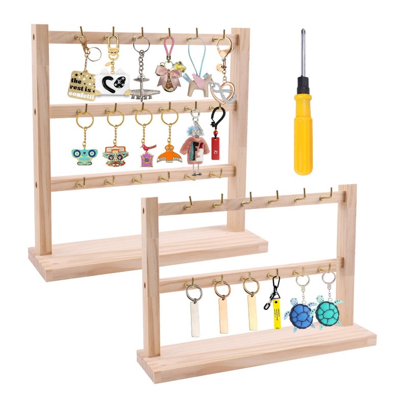 meiqidi 2 Pack Keychain Display Stand, Wooden Key Holder Display for Vendor Booth, Retail Store, Home Organization for Jewelry, Badges, Accessories (30 hooks) - Image 1