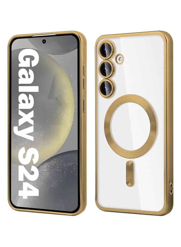 Clear Magnetic Shockproof Soft TPU Protective Case with MagSafe Wireless Charging Compatible and Built-in Camera Lens Protector for Samsung Galaxy S24 - Gold