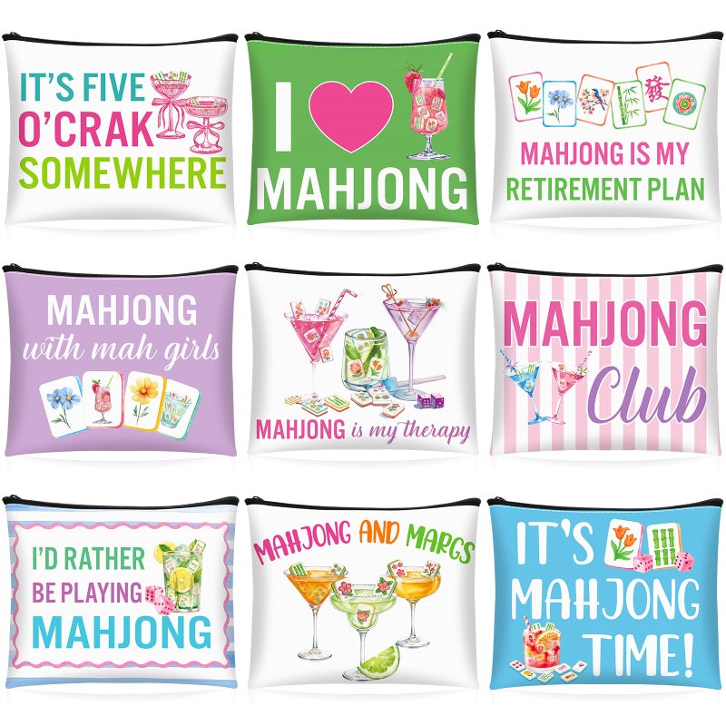 SilTriangle 9 Pcs Mahjong Cosmetic Bag Gifts for Women Mahjong Makeup Bag Mah Jong Zippered Pouch for Lover Player Mothers Birthday Party Lucky Mah Jong Gift Coquette Accessories (Styles 3) - Image 1