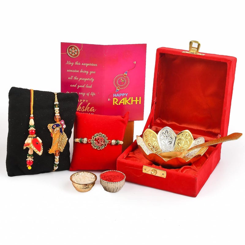 Yalambar rakhi gift for brother Rakshabandhan Gift for Bhaiya Bhabhi rakhi for brother combo Rakhi with Brass Bowl with Velvet Box Tilak Material Greeting CardYAL02809