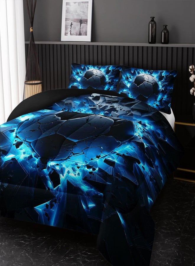 Nttopship Soccer Bedding Comforter Set Full Size for Kids Teens and Adults, Blue Black Football Printed Bedding Sets 3 PCS,Ball Sports Themed Bedroom Decor with 1 Comforter and 2 Pillowcases - Image 2