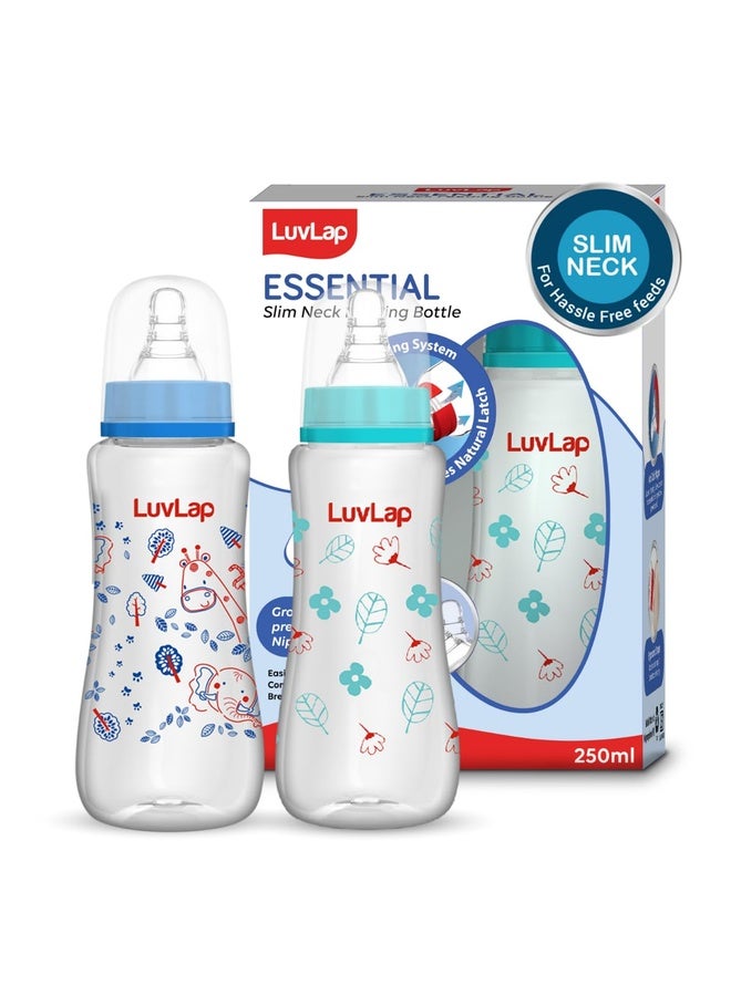 Luvlap Anti-Colic Slim/Regular Neck Essential Baby Plastic Feeding Bottle, 250Ml (Pack of 2), New Born/Infants/Toddler Upto 3 Years, Jungle Tales & Wild Flowers, BPA Free,Blue - Image 1