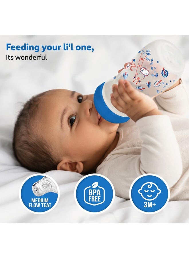 Luvlap Anti-Colic Slim/Regular Neck Essential Baby Plastic Feeding Bottle, 250Ml (Pack of 2), New Born/Infants/Toddler Upto 3 Years, Jungle Tales & Wild Flowers, BPA Free,Blue - Image 2