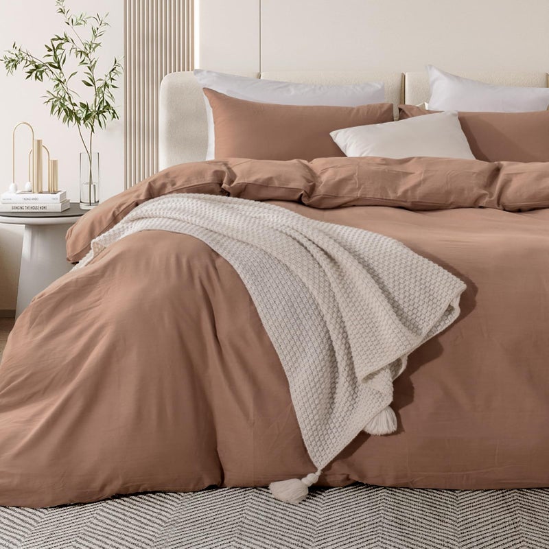 NEXHOME PRO Duvet Cover Set 100% Washed Cotton Full Size Linen Feel Textured Organic Natural 3 Pieces Bedding Set Mocha Brown with Zipper Closure and Corner Ties  Breathable (No Comforter) - Image 3
