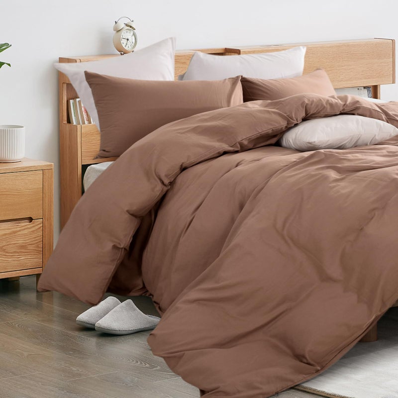 NEXHOME PRO Duvet Cover Set 100% Washed Cotton Full Size Linen Feel Textured Organic Natural 3 Pieces Bedding Set Mocha Brown with Zipper Closure and Corner Ties  Breathable (No Comforter) - Image 4