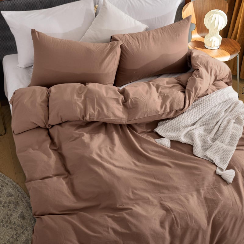 NEXHOME PRO Duvet Cover Set 100% Washed Cotton Full Size Linen Feel Textured Organic Natural 3 Pieces Bedding Set Mocha Brown with Zipper Closure and Corner Ties  Breathable (No Comforter) - Image 5