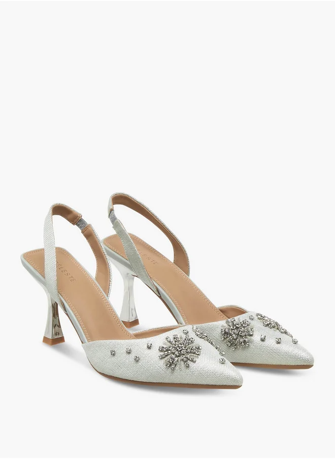 Celeste Women's Embellished Pointed Toe Slingback Shoes with Kitten Heels
