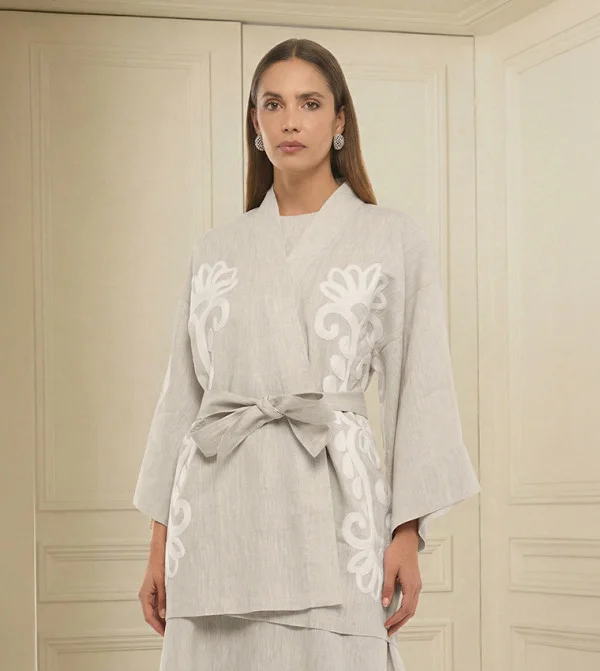 BCBG BCBG Linen Kimono With Embroidered Sleeves
