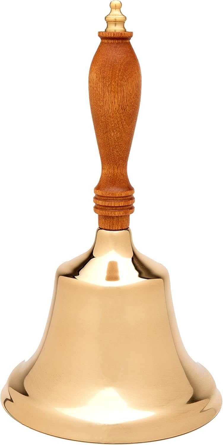 Bevin Bells Solid Brass Hand Bell  10HB  New England Hardwood Handle  Elegant Hand Call Bell  Noise Makers  Loud Brass Bells  Easy to Grip Handle  Teacher Handheld Bell  Made in CT USA