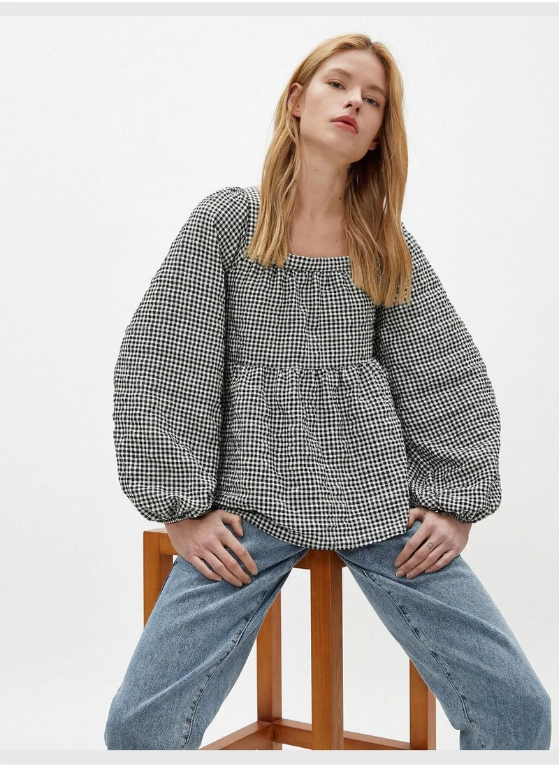 KOTON Check Blouse Puff Sleeve Square Neck