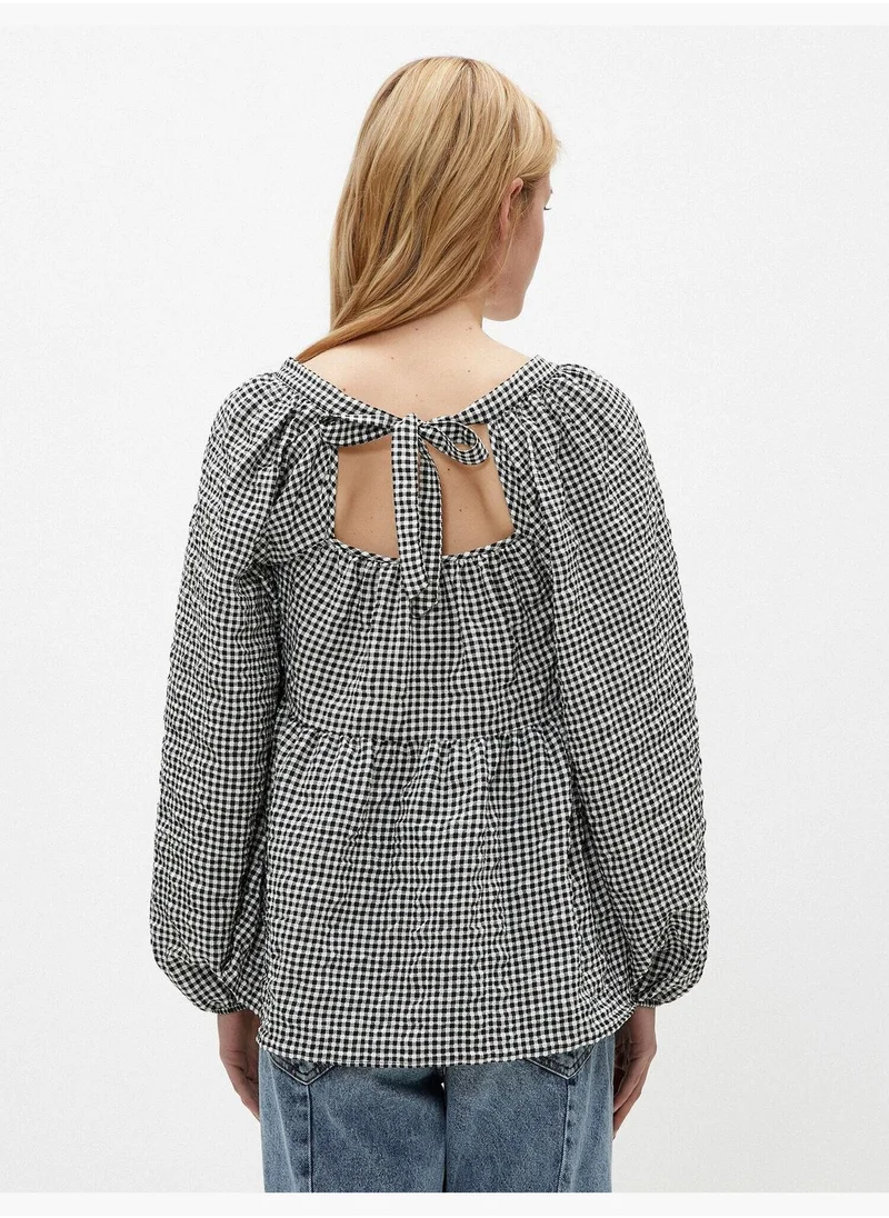 KOTON Check Blouse Puff Sleeve Square Neck