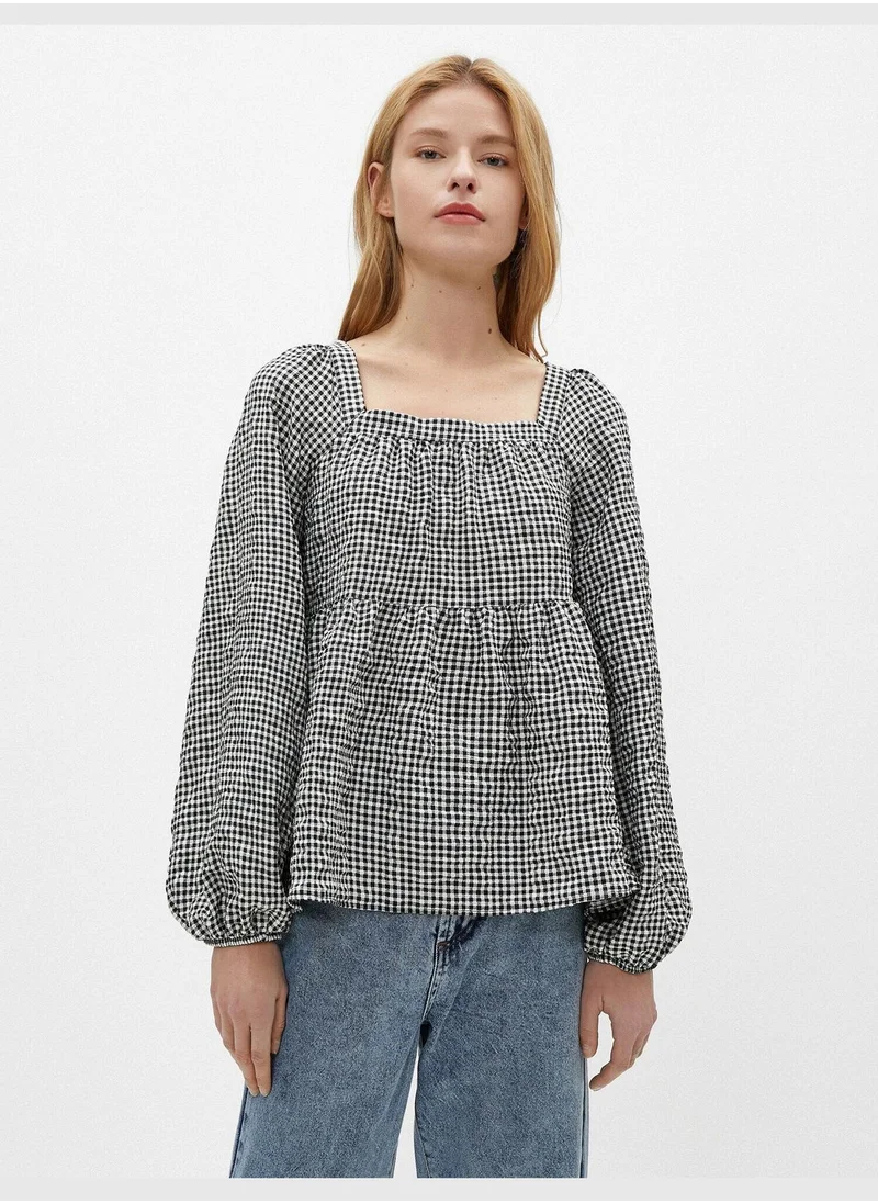 KOTON Check Blouse Puff Sleeve Square Neck
