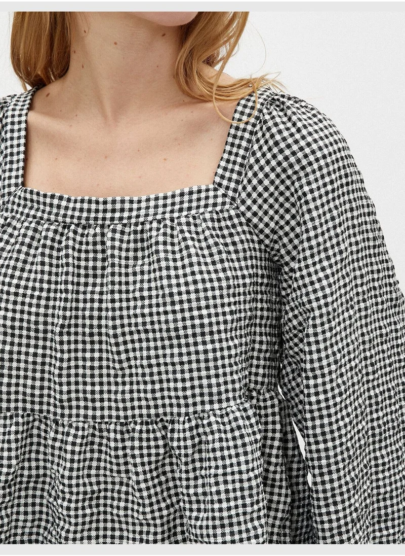 KOTON Check Blouse Puff Sleeve Square Neck