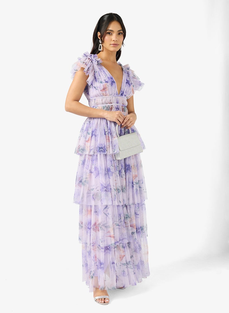 Lace and Beads Naomi Plunge Neck Ruffle Maxi - Image 1